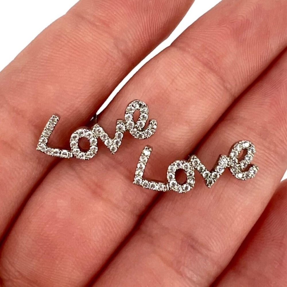 Pave Rhinestone Love Stud Earrings Silver NWT